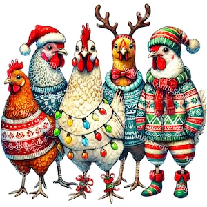 Festliche Weihnachtshühner PNG Clipart, Feiertagshähne mit Weihnachtsmützen & Pullover, süßes Weihnachtshuhn für Karten, DIY Handwerk, T-Shirt Sublimation