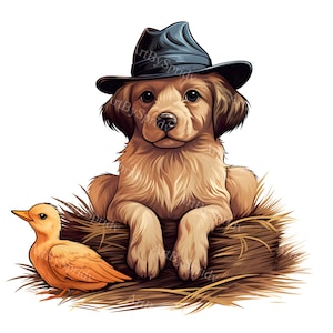 Dog in Cowboy Hat on Haystack with Bird PNG Clipart, Rustic Country Farm Clip Art, Cute Puppy with Hat, Pet Lover Digital Download,DIY Craft