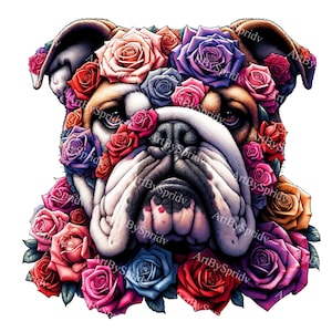 Enchanting Bulldog & Roses Clipart - Majestic Floral Dog PNG for DIY Crafts, Sublimation Decor | Trendy Animal Design for Digital Download