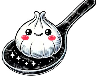Kawaii Dumpling Clipart PNG, Cute Food Cartoon Art, Dumpling in Spoon Digital Design, Asian Cuisine Illustration,Transparent for DTG T-Shirt