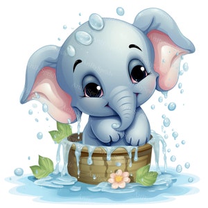 Adorabile elefante Clipart Bundle 4PCS / Decorazione stampabile per baby shower / PNG a sublimazione / Arte digitale per bambini / Grafica di animali carini