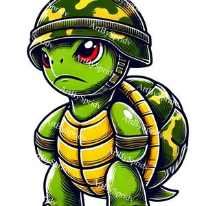 Military Turtle Cartoon PNG - Cute Camo Helmet Turtle Clipart for Sublimation, Digital Clip Art for T-Shirts, Stickers, DIY Crafts Projects