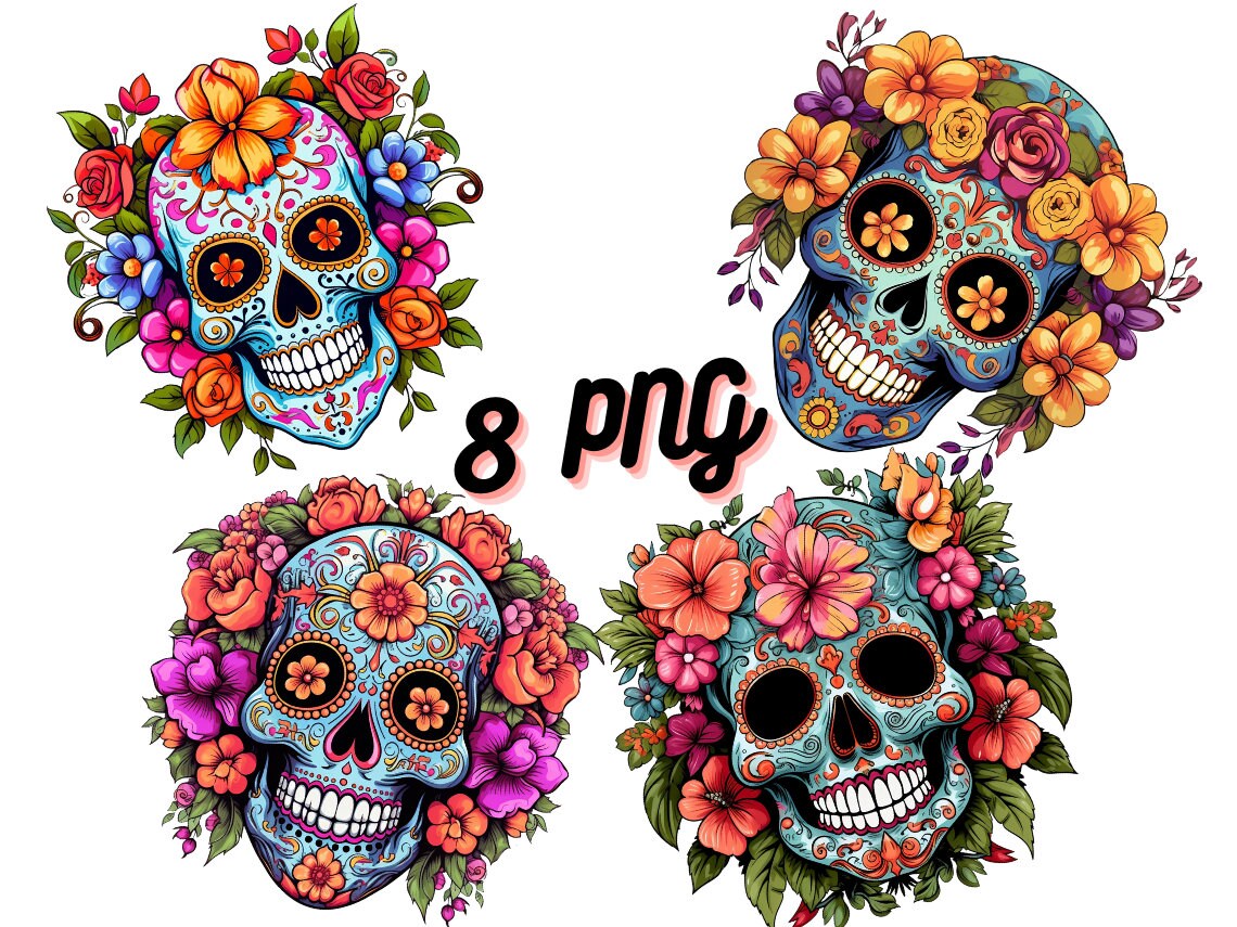 Vibrant Floral Sugar Skull Clipart Bundle | Day of the Dead PNG ...