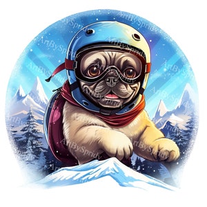 Winter Ski Pug PNG Clipart, Cute Pug with Ski Goggles in Snowy Mountains, Transparent Clip Art for DIY Crafts, DTG T-Shirt. Mug Sublimation