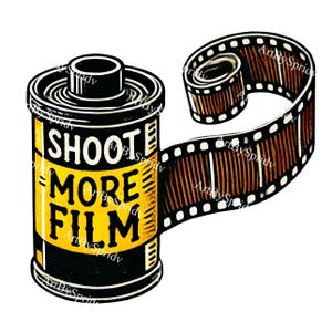 May include: A yellow and black film canister with the text "Shoot More Film" on the front. A black and brown film strip is curled around the canister.