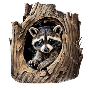 Adorable mapache en un árbol hueco PNG Clipart, lindo animal del bosque Clip Art digital, ilustración transparente de vida silvestre del bosque para manualidades DIY