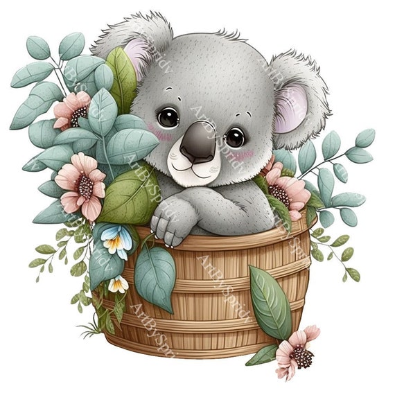 Cute Koala Bear Floral PNG, Transparent Animal Clipart, Kids