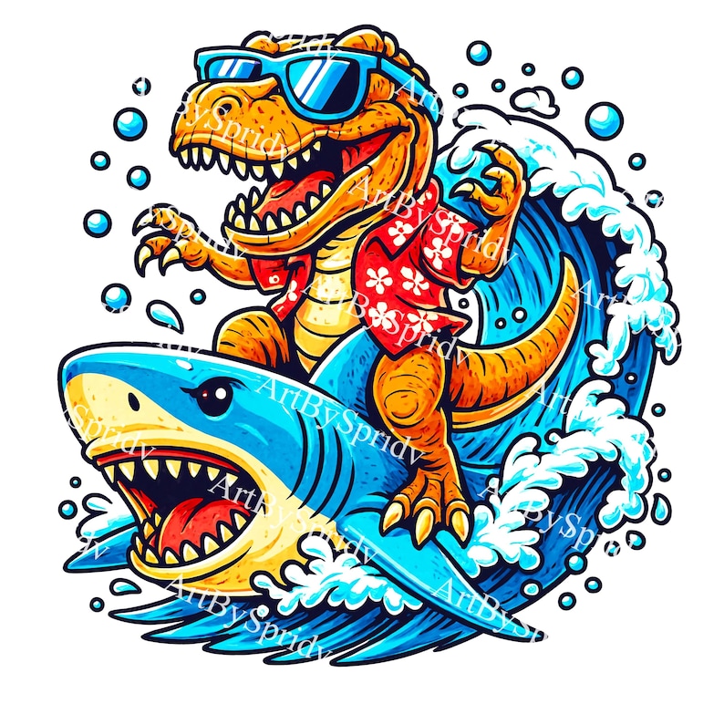 Surfing T-rex Riding Shark Clipart Transparent PNG | Dino in Hawaiian ...