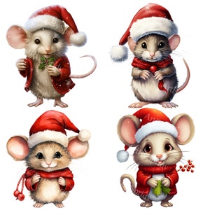 4 PACK Christmas Mice PNG Clipart Set, Mice in Santa Hats, Holiday ...
