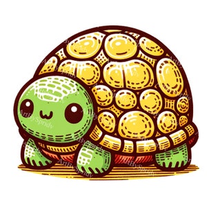 May include: A cartoon illustration of a green turtle with a yellow and brown shell. The turtle has large eyes and a small smile. The shell is decorated with a pattern of circles.