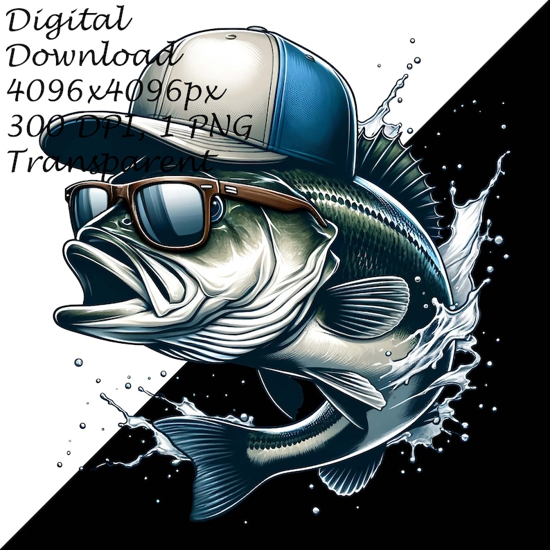 Realistic Bass Fish Clipart with Baseball Cap & Sunglasses - Digital PNG for DTG, Mugs, Tumblers, Scrapbooking -Stylish Fish Sublimation Art