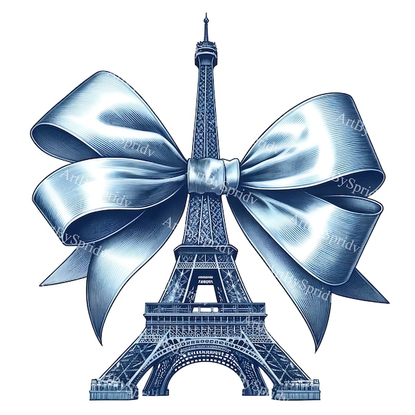 Eiffel Tower Clipart with Elegant Bow Ribbon - French Parisian Landmark Illustration-Transparent PNG for Invitations&Crafts-Digital Download