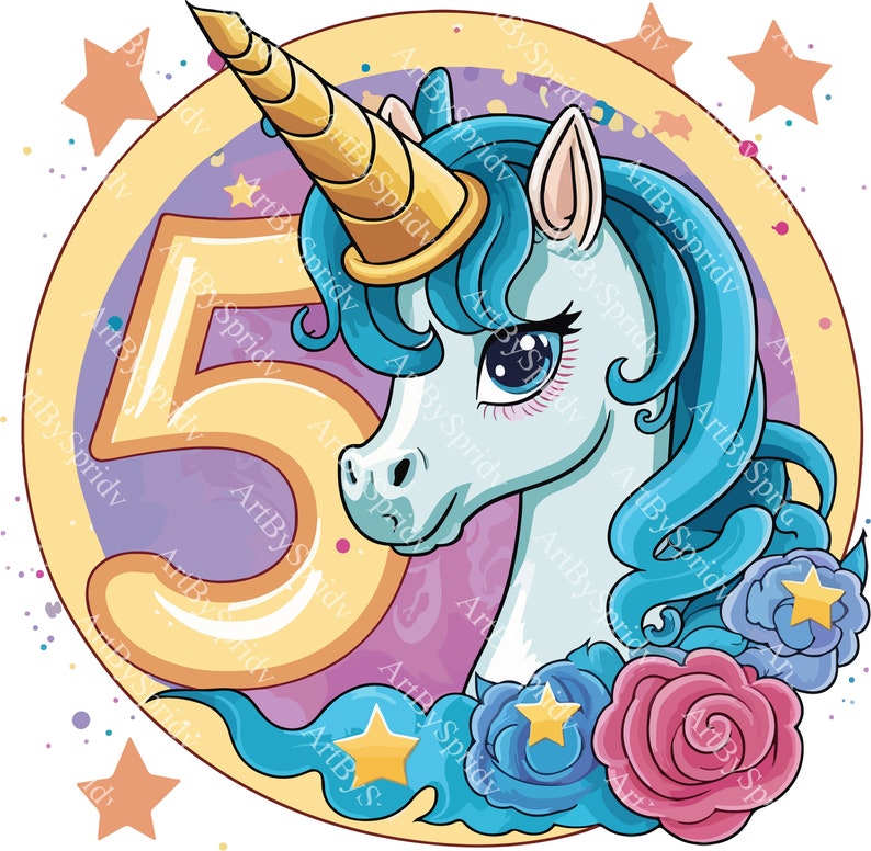 Magical Unicorn 5th Birthday PNG Clipart, Unicorn With Number 5, Roses