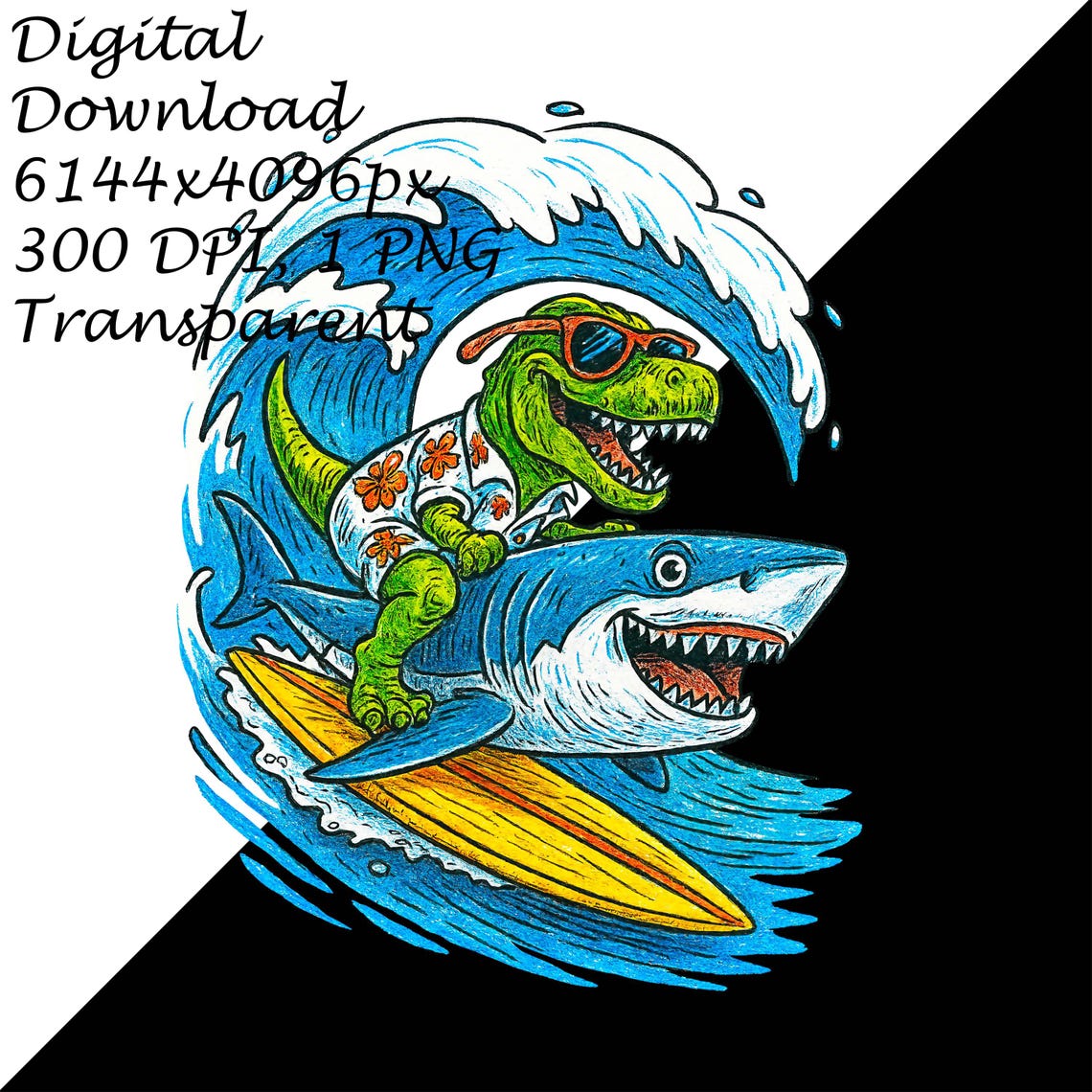 T-rex Riding Shark Surfing Clipart PNG, Funny Dinosaur in Hawaiian ...