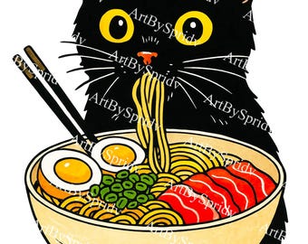Black Cat Eating Ramen Bowl PNG Clipart - Kawaii Anime Noodle Lovers Transparent PNG for Cricut, Sublimation Stickers, Shirts, Crafts & Tees
