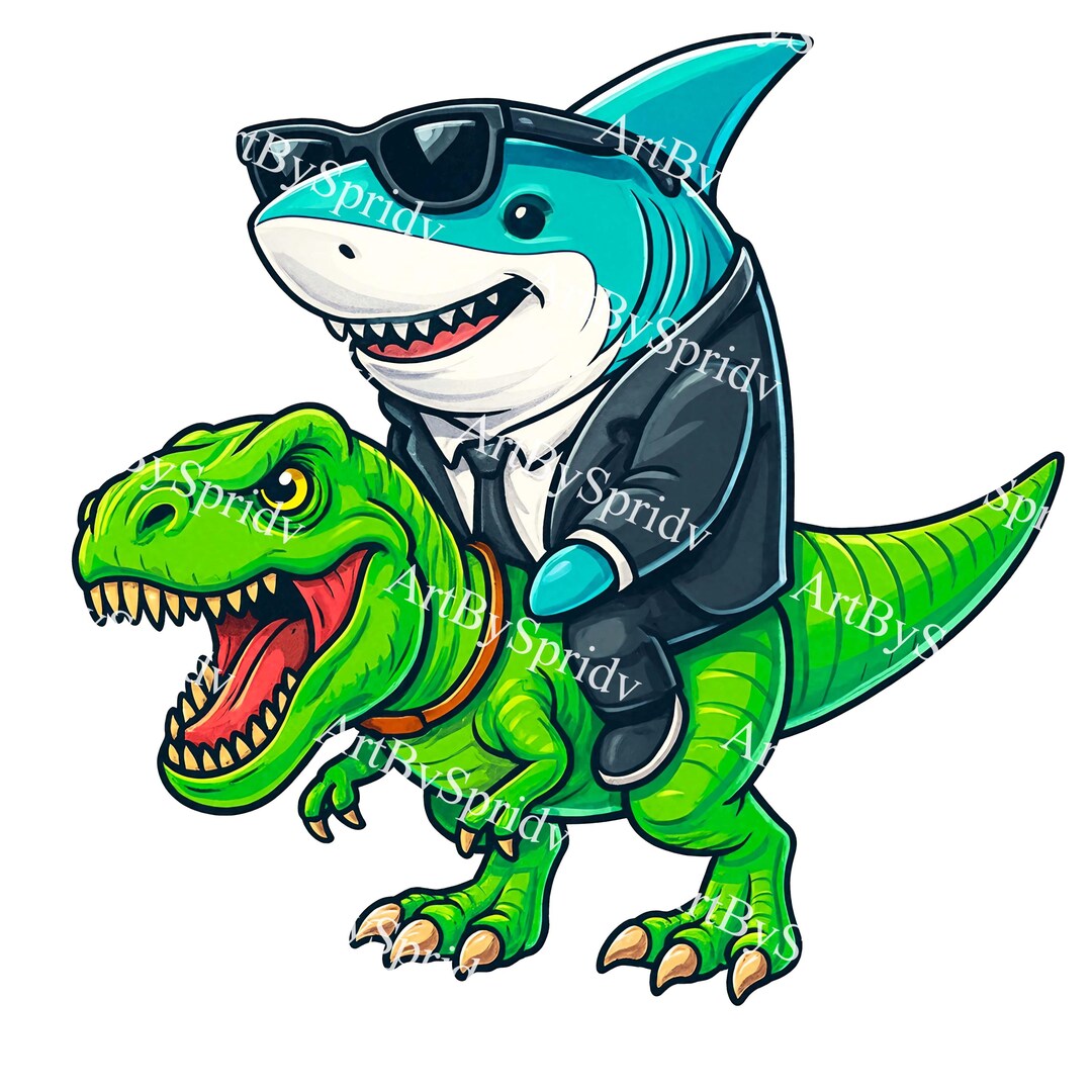 Shark in Suit Riding T-rex Clipart Transparent PNG | Sunglasses Shark ...