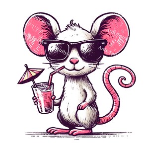 Cool Mouse with Sunglasses PNG | Uroczy letni szczur pijący koktajl | Cyfrowe pobieranie kreskówkowej myszy | Przezroczyste PNG na koszulki i naklejki