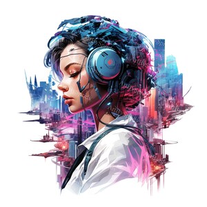 May include: A digital art illustration of a person with blue headphones and a white shirt, with a cityscape in the background. The cityscape is a mix of blue, pink, and red colors.
