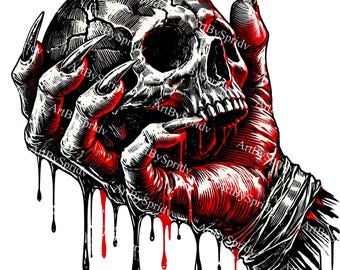 May include: A black and red hand with long, sharp claws holds a white human skull. Blood drips from the hand and skull.