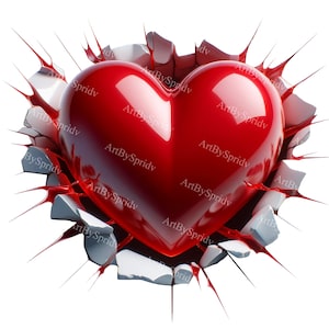 Clipart 3D Heart Wall Break - PNG digitale per San Valentino per DTG, T-shirt, tazza, tumbler, scrapbooking, sublimazione - Download di clipart d'amore