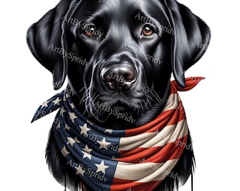 May include: A black Labrador Retriever wearing a red, white and blue bandana with stars and stripes. The dog is looking directly at the viewer.