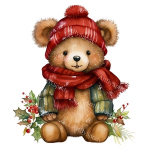 Cute Bear With Christmas Santa Hat Transparent PNG Clipart,Kid/Adult Cartoon Design,Printable Sublimation,Commercial,Magical Animal Clip Art
