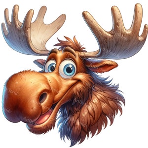 Watercolor Moose Head Clipart - Cartoon Style Digital PNG for DTG T-Shirts, Mugs, Tumblers, Sublimation & Scrapbooking - Versatile Clip Art