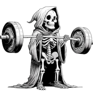 May include: A black and white illustration of a skeleton wearing a hooded robe lifting a barbell. The skeleton is wearing a robe with a hood and is lifting a barbell with both hands. The barbell has two black and white weight plates.