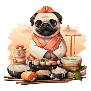 Sushi Pug Clipart in Traditional Attire – Transparent PNG for Digital Clip Art, Party Invitations, DIY Craft Designs, DTG T-Shirt, Mug