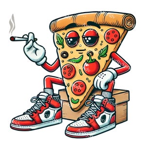 Cartoon Trendy Smoking Pizza Slice with Sneakers PNG Clipart, Digital Download, DTG Print Sublimation, T-Shirt, Mug, Scrapbooking, DIY Craft