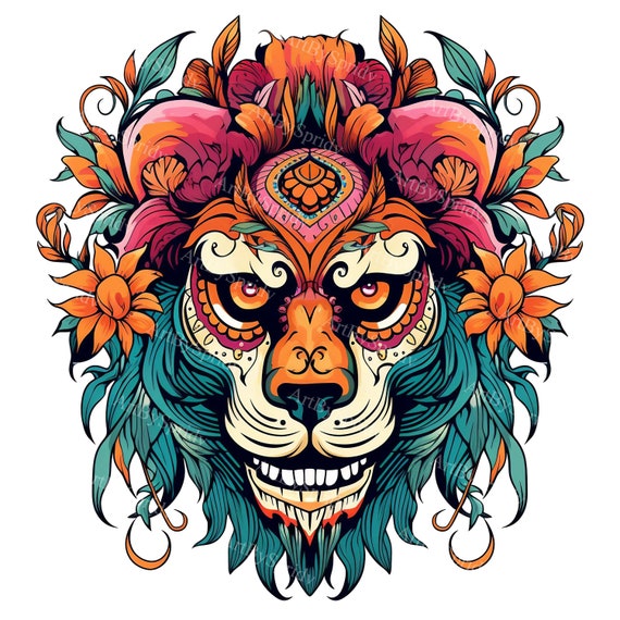 Sugar Skull Lion Clipart, Day of the Dead Inspired Art, Floral  