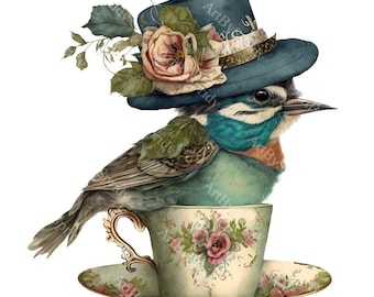 Bird With Flower Hat Sitting On Tea Cup PNG Clipart,Transparent Kid/Adult Design,Printable Sublimation,Commercial,Vintage Magical Clip Art
