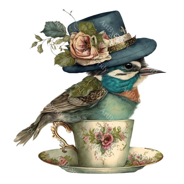 Bird With Flower Hat Sitting On Tea Cup PNG Clipart,Transparent Kid/Adult Design,Printable Sublimation,Commercial,Vintage Magical Clip Art