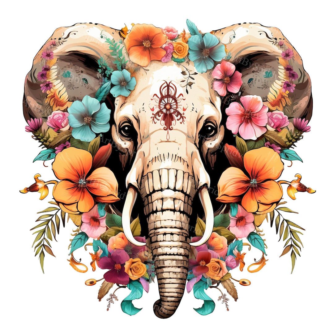 Floral Elephant Sugar Skull Clipart | Day of the Dead Art