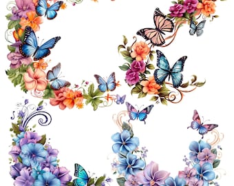 Conjunto de imágenes prediseñadas de mariposas florales, PNG de sublimación imprimible, flores digitales para scrapbooking, gráficos de manualidades para hacer uno mismo, descarga instantánea, uso comercial