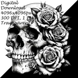 Digital Skull & Roses Clipart | Gothic Floral PNG Sublimation | Tattoo Style Transparent Graphics | Unique Printable Art for DIY Projects