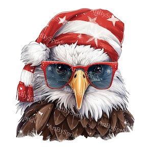 Cool Christmas Eagle Clipart | Patriotic Bald Eagle with Santa Hat PNG | Holiday Bird Illustration | Festive Animal Digital Art DTG T-Shirt