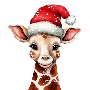 Kerstgiraf in kerstmuts PNG-clipart, feestelijke kerstvakantie dieren illustraties voor wenskaarten, T-shirts, mok, winterdecor, DIY Craft