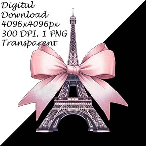 Cartoon Eiffel Tower Clipart, Pink Bow Digital PNG, Sublimation & Scrapbooking, Tumbler Mug DTG Print, Parisian Themed Clip Art Download