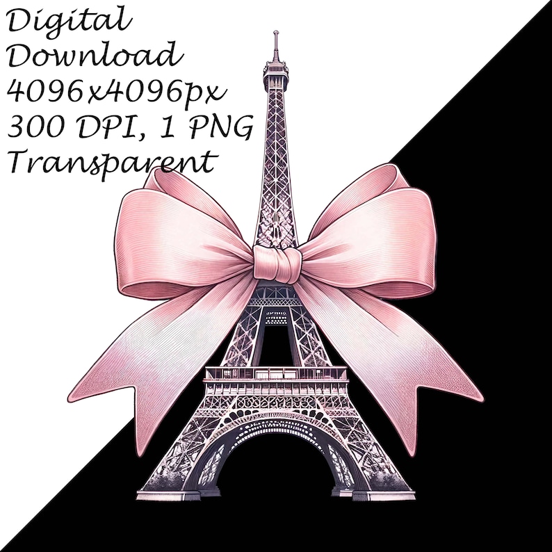 Cartoon Eiffel Tower Clipart, Pink Bow Digital PNG, Sublimation & Scrapbooking, Tumbler Mug DTG Print, Parisian Themed Clip Art Download