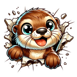Nutria realista de dibujos animados en 3D rompiendo la pared, clipart digital PNG para DTG, camisetas, tazas, sublimación, scrapbooking - Descarga instantánea de imágenes prediseñadas