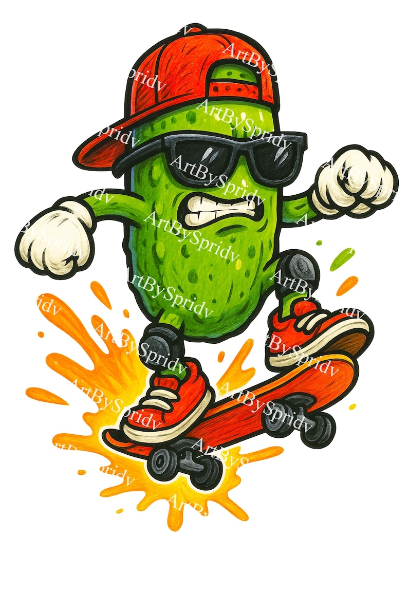 Cool Pickle Skateboard PNG – Cartoon Pickle on Skateboard Digital Art ...