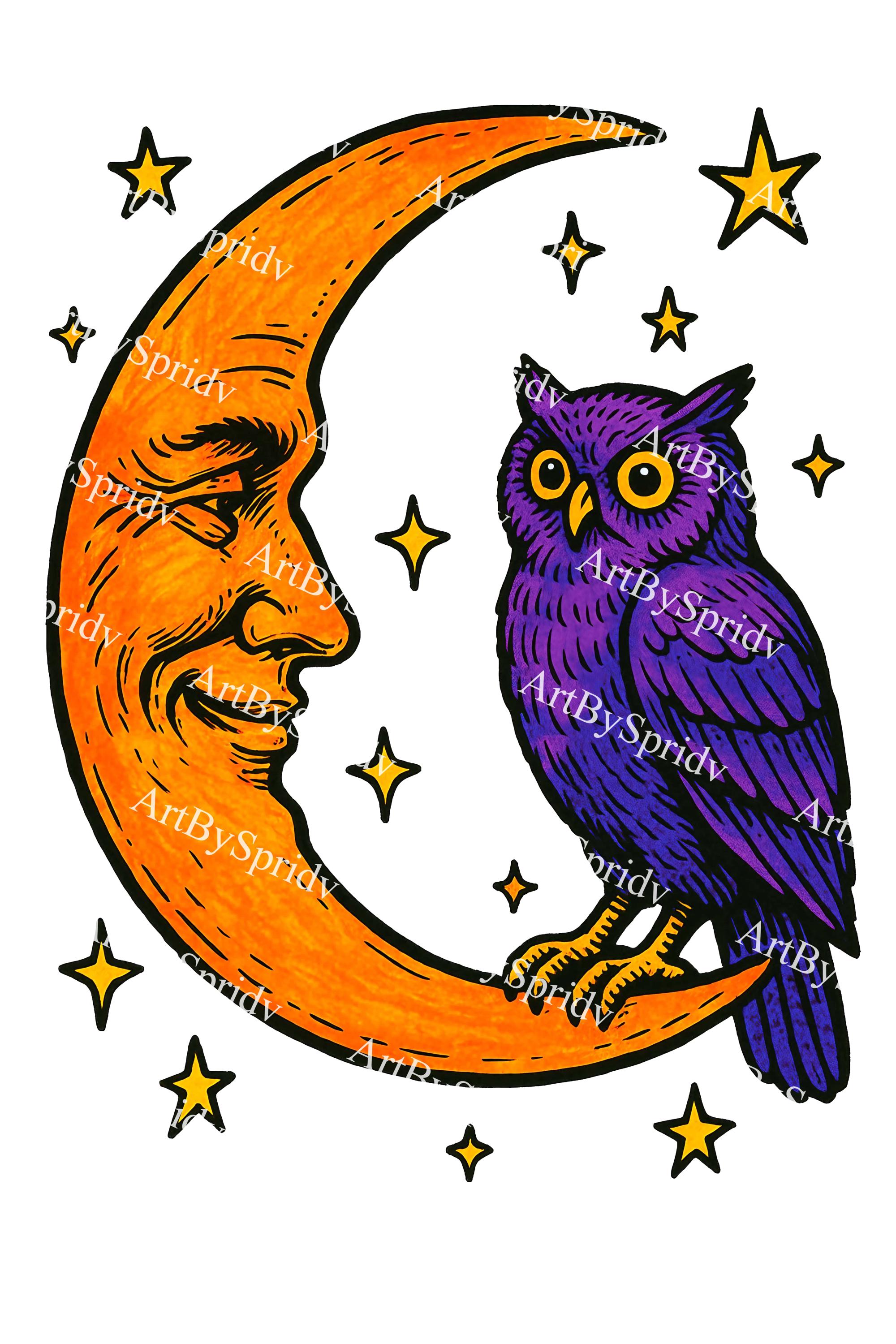 Moon and Owl T-Shirt, Hand-Drawn Crescent Moon Face & Purple Owl with Stars,Night Sky Unisex Shi