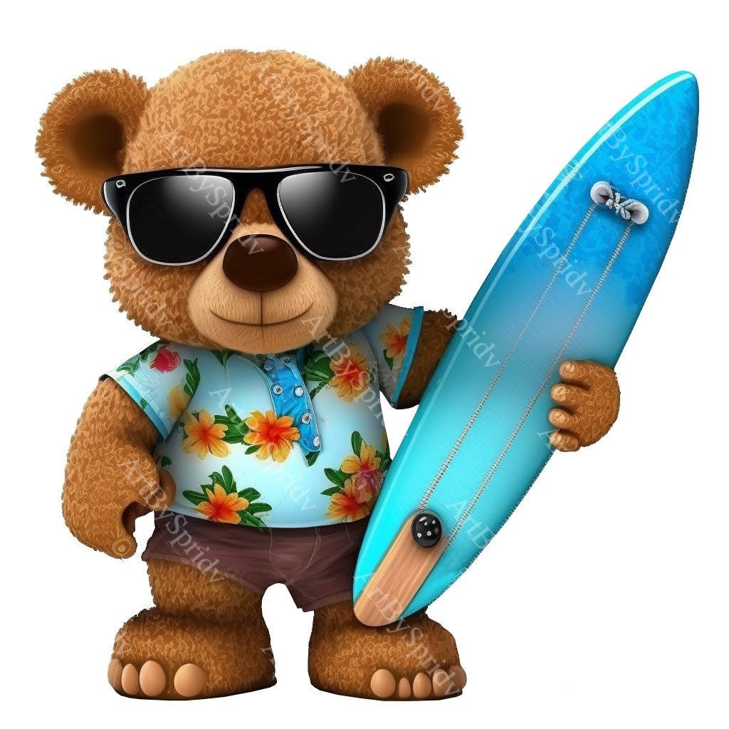 Cute Beach Teddy Bear Surfboard PNG Clip Art-Transparent Sunglasses Animal Clipart for Kids Cartoon Design,Printable Sublimation,Commercial