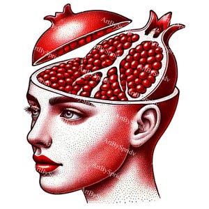 Surreal Pomegranate Head PNG Clipart, Unique Human Portrait with Fruit Brain Design, Psychedelic Sublimation Art for Stickers, Tees & Prints