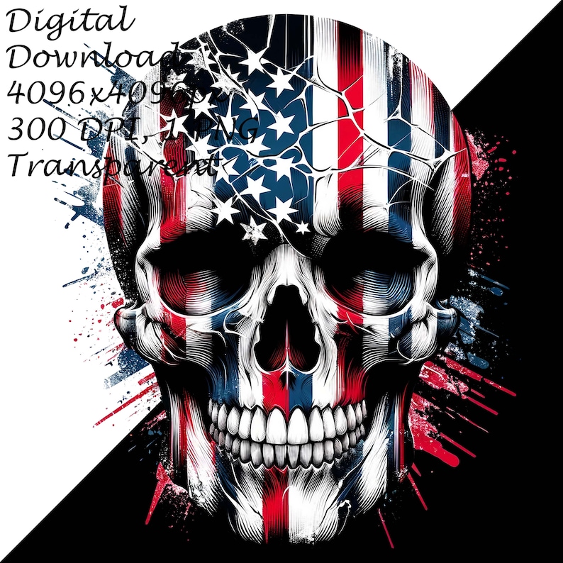American Flag Skull Clipart PNG, Patriotic Skull Digital Download, USA Flag Ink Splatter Skull,Fourth of July Sublimation Design,Veteran Art