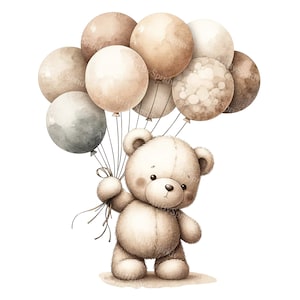 Watercolor Teddy Bear Clipart with Balloons - Digital PNG for Baby Shower, DTG T-Shirt, Mug, Tumbler Sublimation & Scrapbooking Artwork