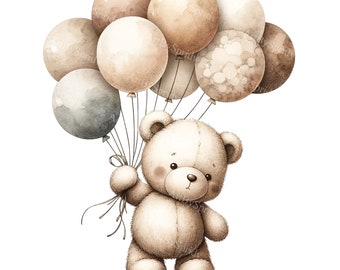 Watercolor Teddy Bear Clipart with Balloons - Digital PNG for Baby Shower, DTG T-Shirt, Mug, Tumbler Sublimation & Scrapbooking Artwork
