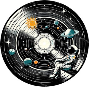 Astronaut und Schallplatte Sonnensystem Clipart | Weltraum Planeten Digitaldruck | Kosmische Sublimation PNG Kunst | Weltraum druckbare Grafik