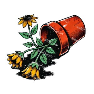 Maceta derramada PNG Clipart, Ilustración de girasoles marchitos, Maceta de jardín volcada con tierra, Arte de planta triste, Sublimación de accidente de jardinería